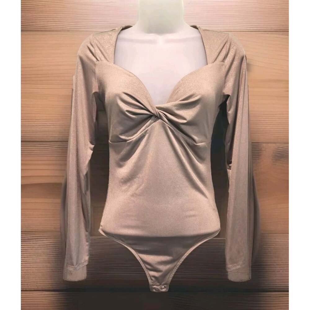Express Body Contour Tan Metallic Long Sleeve Sweetheart Neck Bodysuit Sz XS